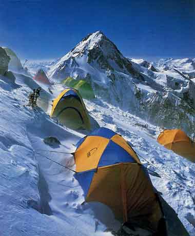 
High Camp on the south-east shoulder of Gasherbrum II with view to Gasherbrum I - Climbing the World's 14 Highest Mountains: The History Of The 8000-Meter Peaks book 
